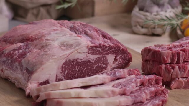 Slow motion pan over perfectly marbled raw ribeye steaks and a large beef roast on a wooden board, styled for a commercial food shoot with fresh herbs and vegetables.