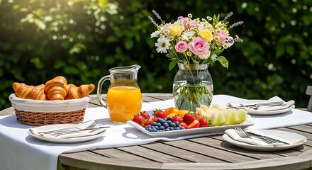 Breakfast outdoors with fresh fruits and croissants