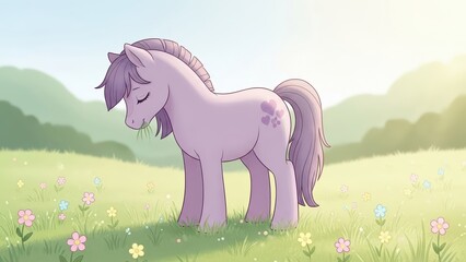 Lavender pony peacefully grazing and munching on grass in a spring meadow