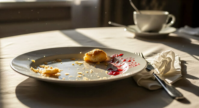 An empty plate with crumbs on a table, symbolizing the end of a meal and simplicity of daily life