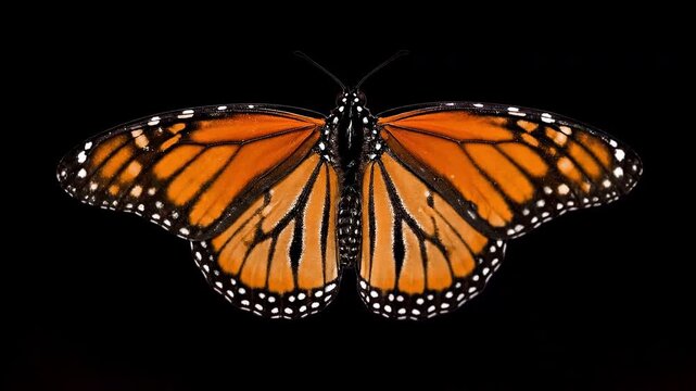 Symmetrical Monarch butterfly isolated against a pure black background, showcasing its vibrant orange and black wings, perfect for compositing overlay with a pre-keyed alpha channel.