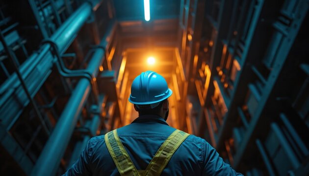Worker in blue hard hat inspects elevator shaft. Industrial setting with pipes and warm light. Worker checks machinery and infrastructure for safety and maintenance tasks.