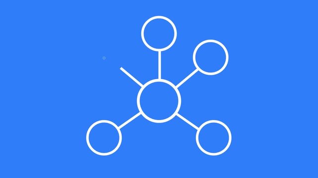 Animated network icon on blue background. White line art connecting nodes representing hierarchy, mind maps, and social connections.