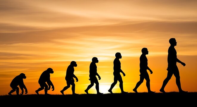 Human evolution timeline silhouette, progression from ape to modern man, science and evolution concept illustration