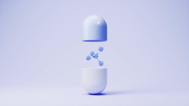 A close up animated shot of a capsule opening with a rotating molecular structure inside, highlighting scientific discovery and medical advancement