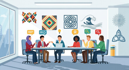Diverse team collaborating around conference table with creative