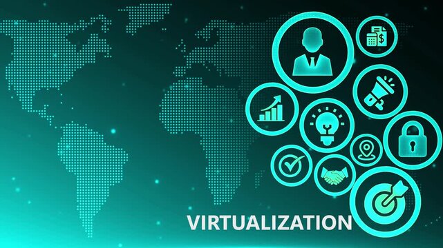 Virtualization technology concept with glowing icons and global network digital background for cloud computing and IT infrastructure
