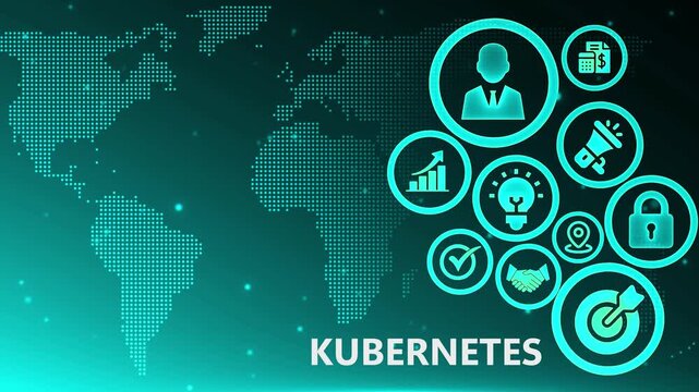 Kubernetes technology icons network with global digital infrastructure futuristic cybersecurity cloud computing management vector illustration