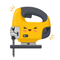 Naklejka premium Cute jigsaw power tool cartoon character having fun