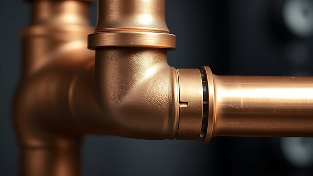 flippant. Close-up of a shiny brass joint connecting two copper pipes. safety posters, maintenance manuals, designed for industrial assembly lines and welding operations, used by engineers.