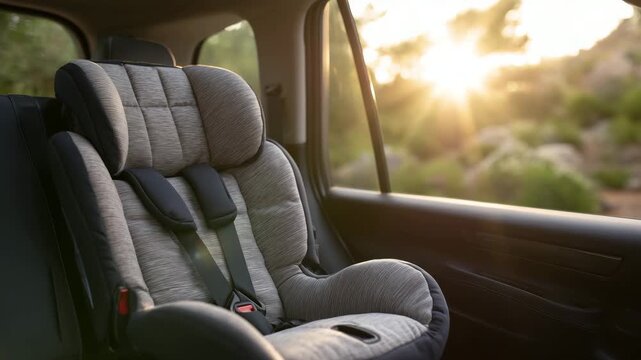 273Close-up of a modern child car seat securely fastened in the back seat of a crossover, padded straps and cushioned seat visible, soft natural light coming through the car windows