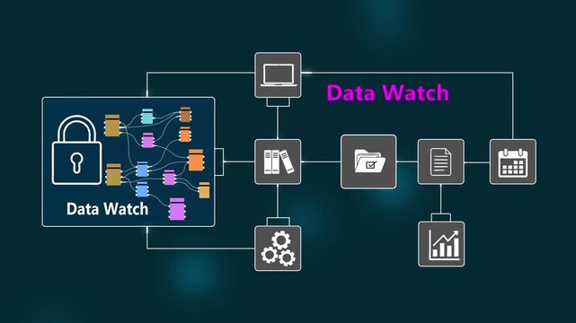 Data Watch Concept with Lock and Interconnected Data Flowchart on Dark Background data security lock data protection