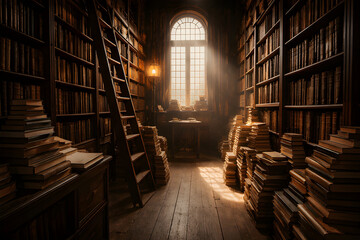 Vintage bookshop aisle with ladder and window light