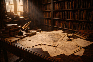 Antique desk with maps in old library