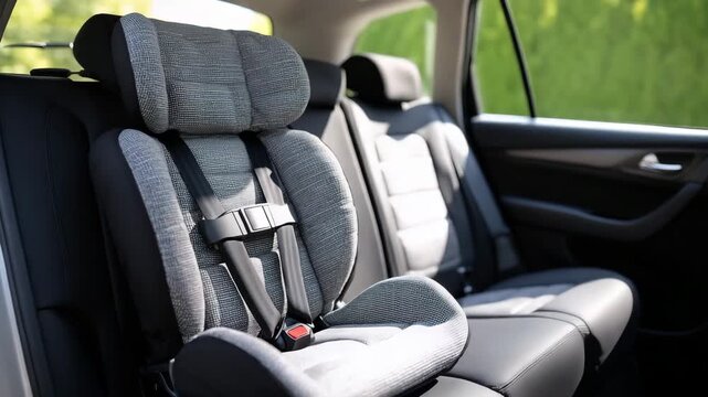 274Angled shot of a child car seat on the rear bench of a crossover, clean modern interior, child seat aligned with window, realistic car lighting, safety-oriented composition