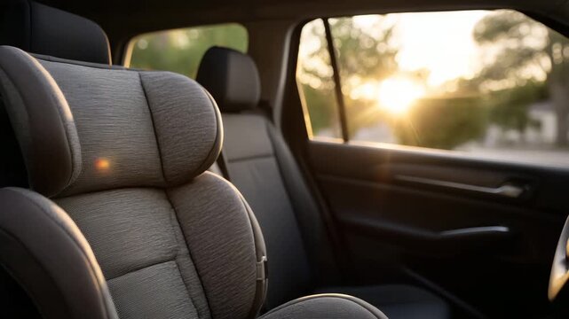 280Wide shot of a child car seat in the back of a crossover, sun shining through the rear window, seat installed on passenger side, emphasizing safety and comfort