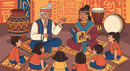 Elderly native american couple teaching children traditional stories
