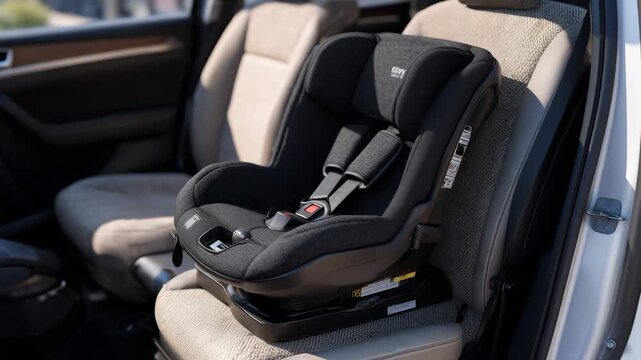 285Detail view of infant car seat base connected to ISOFIX anchors in a sedan, safety labels visible, interior textures and stitching highlighted, practical automotive realism