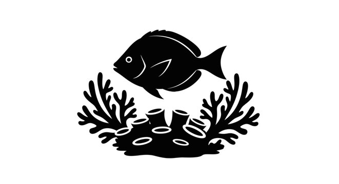 Black fish swimming over seaweed.