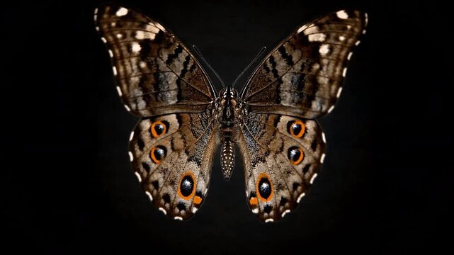 Detailed macro shot of a brown, speckled butterfly with large orange and black eyespots (ocelli) on its symmetrically aligned wings,background for easy compositing with an alpha channel.