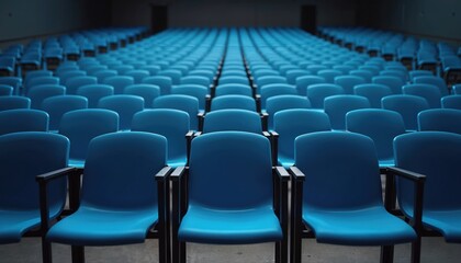 Fototapeta premium Rows of blue plastic chairs fill a large auditorium. The empty seats create a repeating pattern stretching into the distance. This venue awaits a presentation or gathering. Light falls on the chairs.