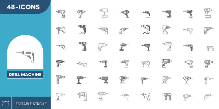 Drill Machine Icon Set Editable Vector &ndash; Power Drill Equipment Symbols for Workshop Tools, & Building, Maintenance.
