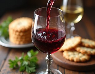 Obraz premium Red wine pours into clear glass. Savory crackers and white wine fill background. Cozy table setting offers relaxation and good taste. Enjoy this perfect pairing.