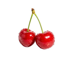 Two red cherries with green stem, isolated on white background