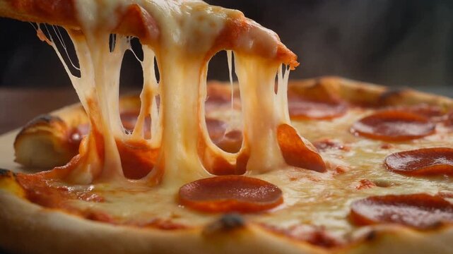 Pepperoni pizza slice lift with long stretchy cheese pull macro