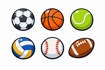 Collection of colorful cartoon style sports balls representing various popular games