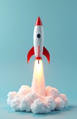 Fototapeta premium A stylized 3D rocket launches amid bright orange flames and white smoke clouds. The white and red spacecraft ascends vertically against a simple light blue background.
