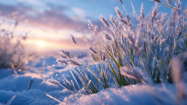 320Extreme close-up of wheat tips breaking through frozen snow, fine frost glistening on plant surface, soft diffuse sunlight creating a peaceful winter farmland atmosphere