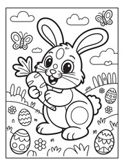 Happy Easter Coloring Activity Book for Adults, Teens, and Kids. Black and white coloring pages, cute style.