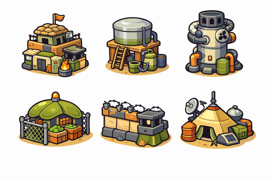 Military base buildings with isometric cartoon style for strategy gaming concept