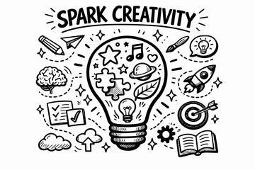 Sparking creativity concept with lightbulb and doodle icons for innovation and ideas