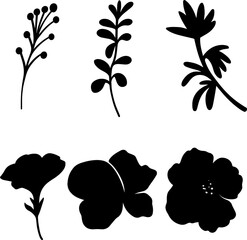 Set of minimalist botanical silhouettes, simple black shapes of flowers and branches, elegant design elements for natural themes, isolated floral vector illustrations
