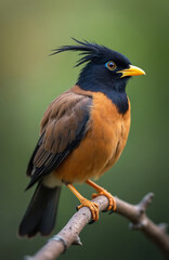 Fototapeta premium Brahminy myna bird with black head and orange body sits on a branch. Features yellow beak and crest feathers. Wild avian fauna in natural outdoor habitat.