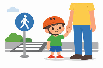 Child with parent wearing helmet, holding hands at crosswalk for pedestrian safety