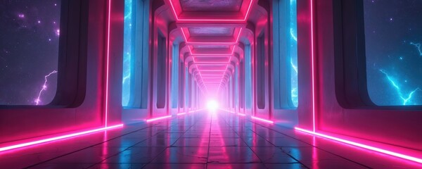 Fototapeta premium Abstract futuristic corridor with neon lights and space view. Digital hallway glows with pink and blue light. Infinite tunnel with lightning and stars outside.