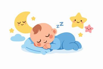 Baby sleeping peacefully on a pillow with moon and stars for sweet dreams