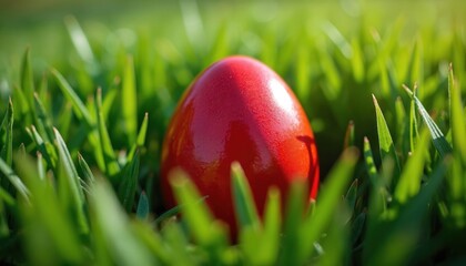 Obraz premium Red easter egg rests in lush green grass. Sunny spring day, perfect for egg hunt or festive decoration. Simple, bright holiday symbol for spring celebrations.