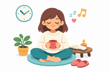 Girl finding calm and comfort, meditating at home with a hot drink