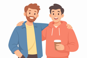 Obraz premium Two men friends smiling, showing support and bond, enjoying coffee break together