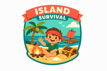 Fototapeta premium Boy on a tropical island with palm tree, campfire, treasure chest, and raft