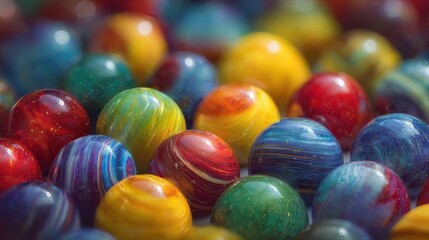 Macro Close-Up of Vibrant Colorful Glass Marbles with Swirl Patterns