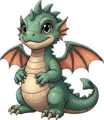 Fototapeta premium cute green dragon with big eyes and wings.