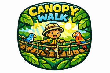 Fototapeta premium Explorer kid walking on canopy bridge with parrots, jungle adventure concept