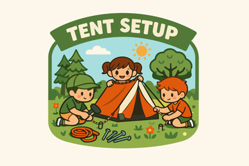 Fototapeta premium Children setting up a camping tent together outdoors, learning teamwork