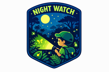 Fototapeta premium Night watch badge with boy exploring forest at night using flashlight