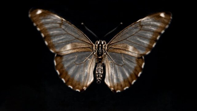 Dramatic cinematic shot of a mystical transparent-winged butterfly centered on a deep black background, perfect for compositing or VFX overlays requiring an alpha channel element.